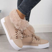 Fuzzy Trim Lace-Up Ankle Boots - DAVERRI FASHIONS