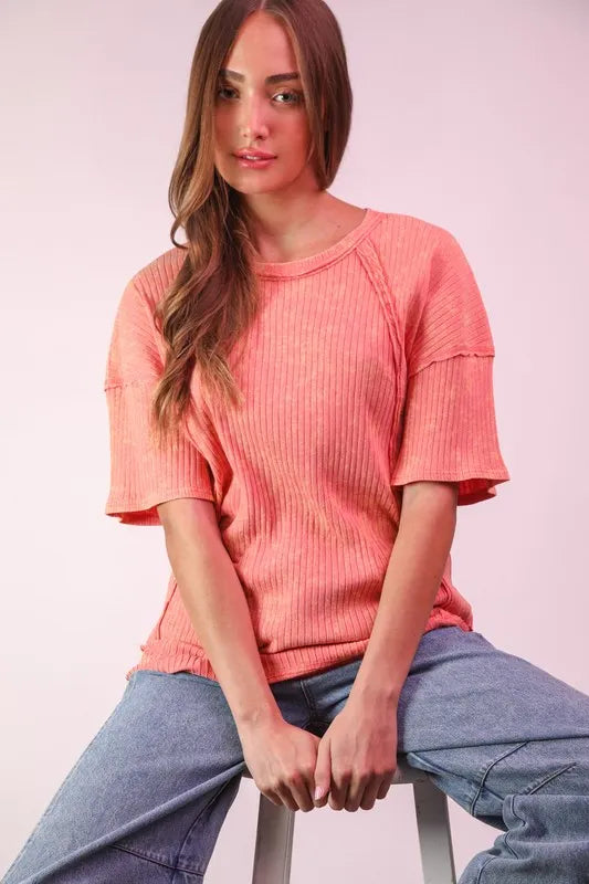 VERY J Mineral Washed Ribbed Knit Casual Top | Knit Tops Daverri Fashions