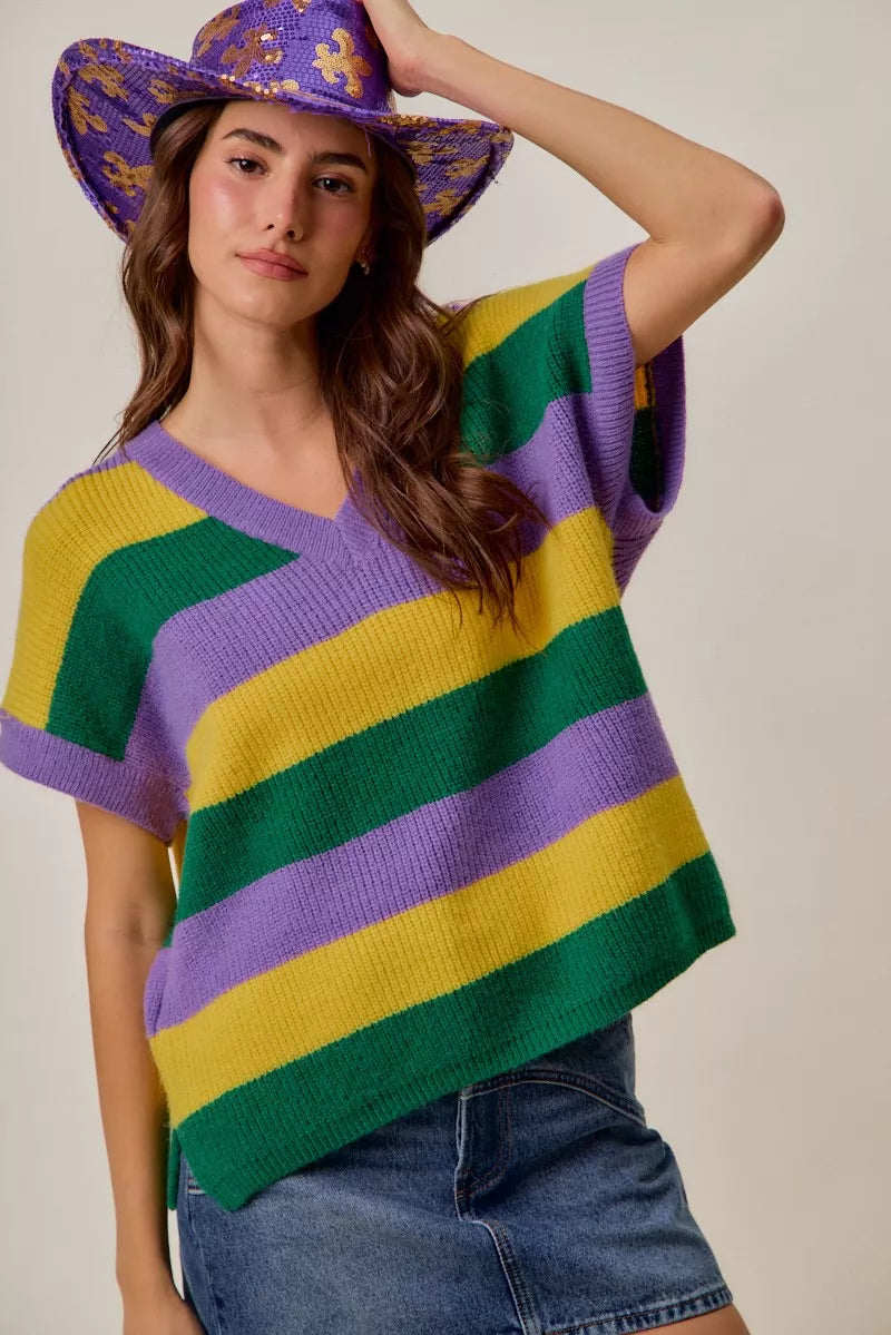 Vibrant Mardi Gras loose fit V-neck striped sweater top in purple, green, yellow