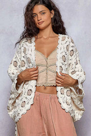 POL Openwork V-Neck Chenille Cardigan with Contrast Floral | Cardigans Daverri Fashions