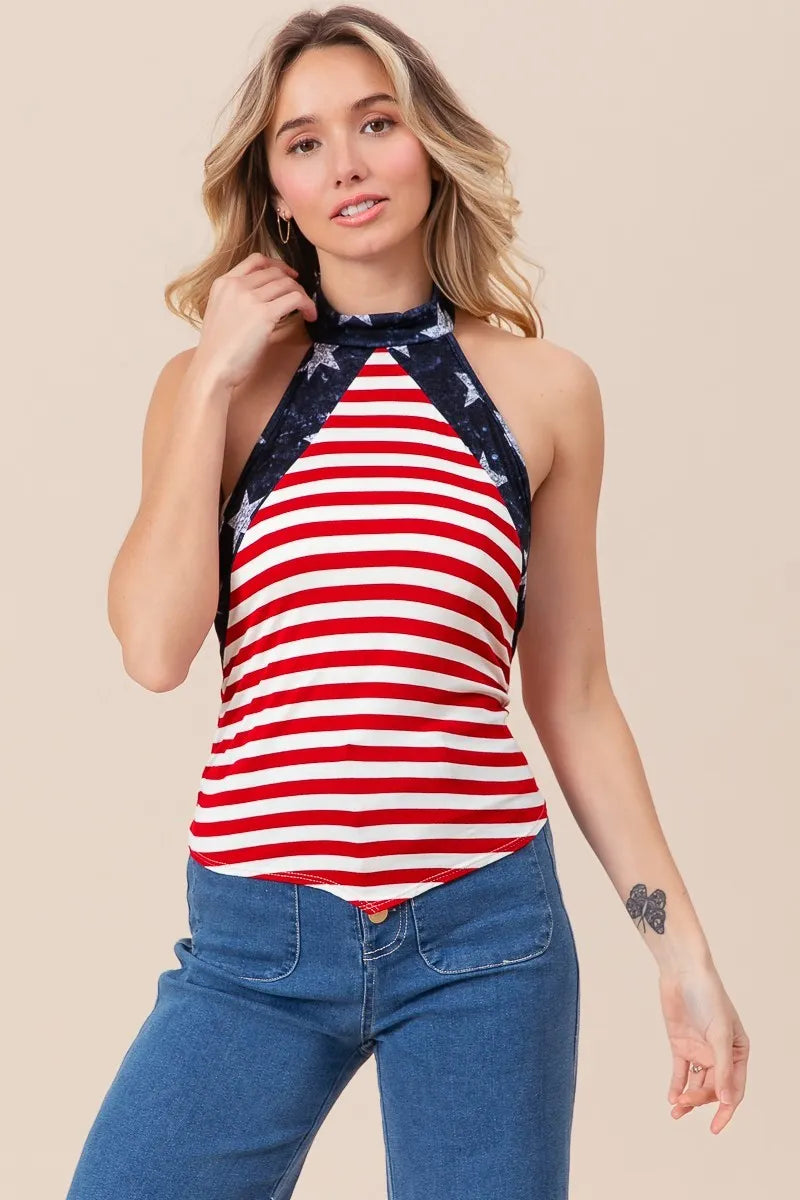 BiBi Stripe Jersey with Star Halter Neck with Tie Back Tops