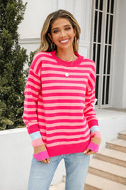 Angel Wings Warm Spice Striped Round Neck Sweater | Sweaters Daverri Fashions
