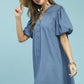 Umgee Chambray Puff Sleeve Dress in blue denim with button front