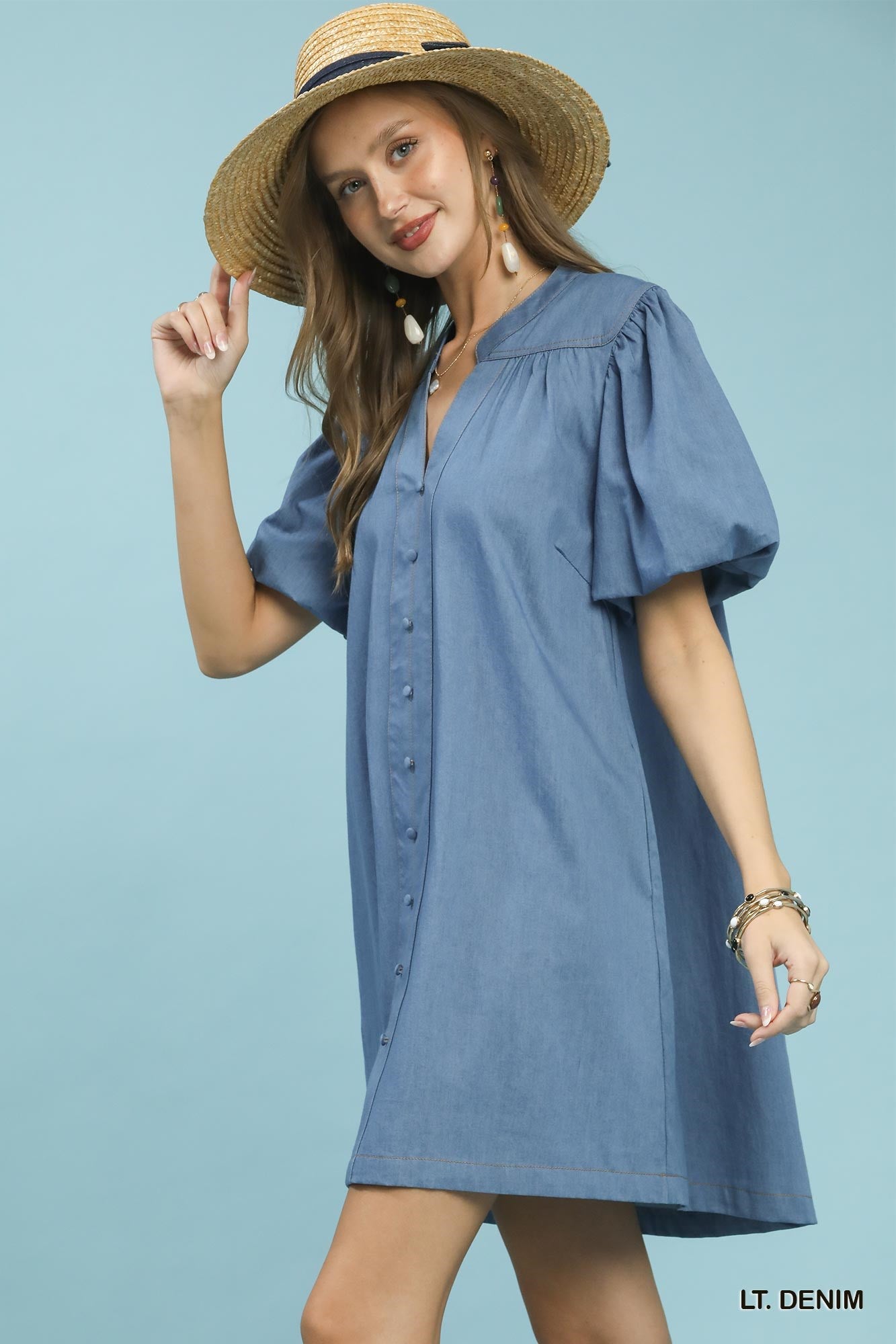 Umgee Chambray Puff Sleeve Dress in blue denim with button front