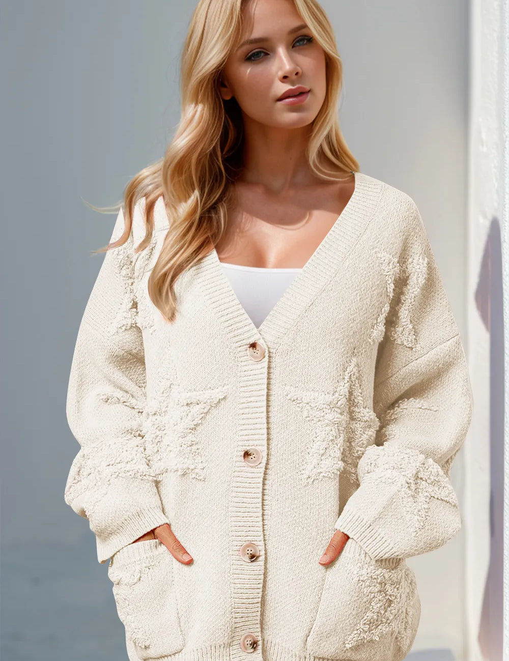 Beige Double Take Full Size Button Up Star Pattern Cardigan | Cardigans Daverri Fashions
