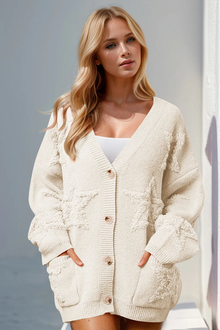 Beige Double Take Full Size Button Up Star Pattern Cardigan | Cardigans Daverri Fashions