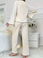 Contrast Trim Bow Tie Shirt and Pants Lounge Set | Loungewear Sets Daverri Fashions