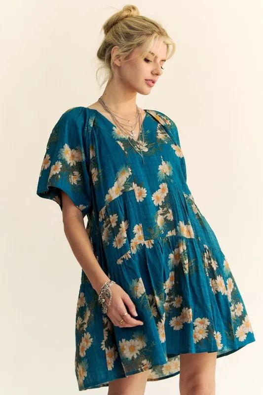 Davi & Dani Floral Print Short Bell Sleeve Pleated Mini Dress | Mini Dresses Daverri Fashions