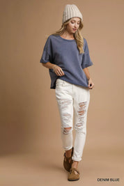 Umgee Mineral Wash Round Neck Top Blue | Tops Daverri Fashions