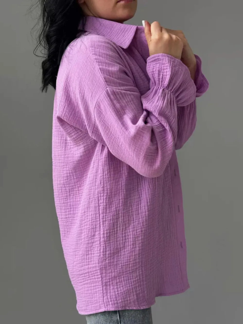 Soft lavender textured cotton blouse with collared flounce sleeves