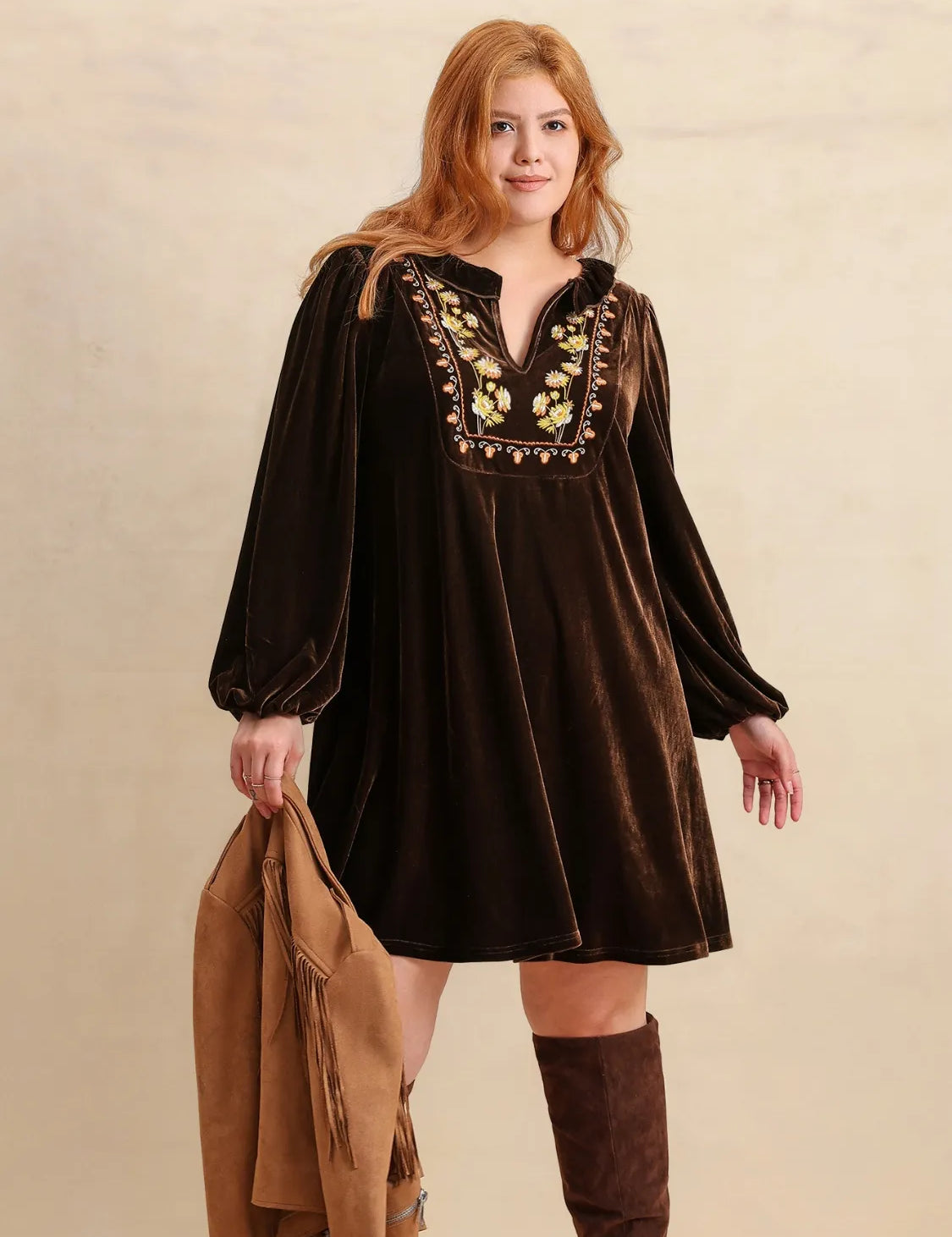 Plus Size Embroidered Notched Balloon Sleeve Mini Dress | Daverri Fashions