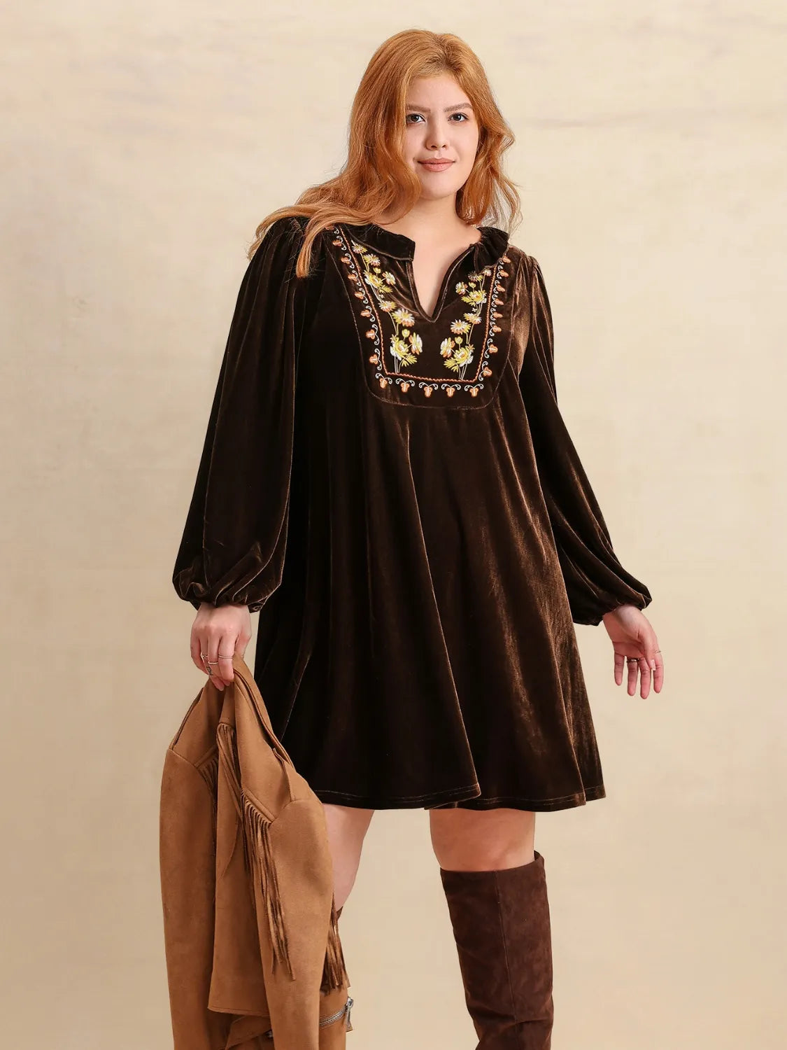 Plus Size Embroidered Notched Balloon Sleeve Mini Dress | Daverri Fashions