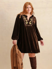 Plus Size Embroidered Notched Balloon Sleeve Mini Dress | Daverri Fashions