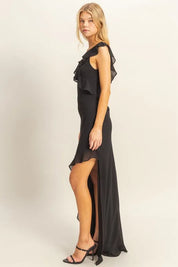 BLACK HYFVE Chiffon Ruffle Trim Midi Dress | Daverri Fashions