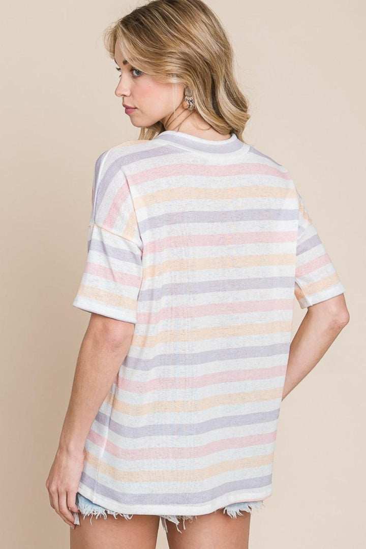 BOMBOM Striped V-Neck Short Sleeve T-Shirt T-Shirts