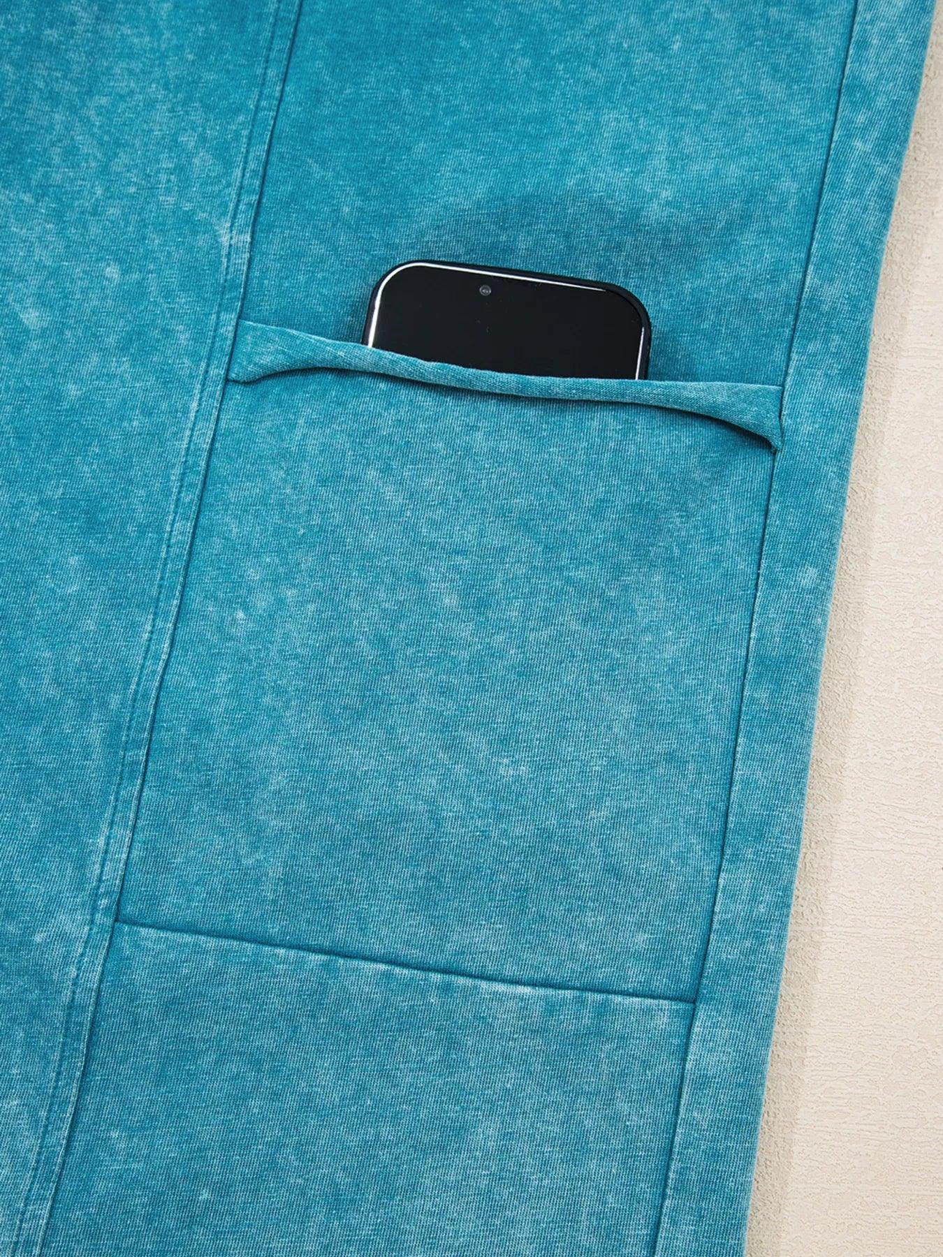 Mineral Wash High Waist Patched Pocket Pants - DAVERRI FASHIONS