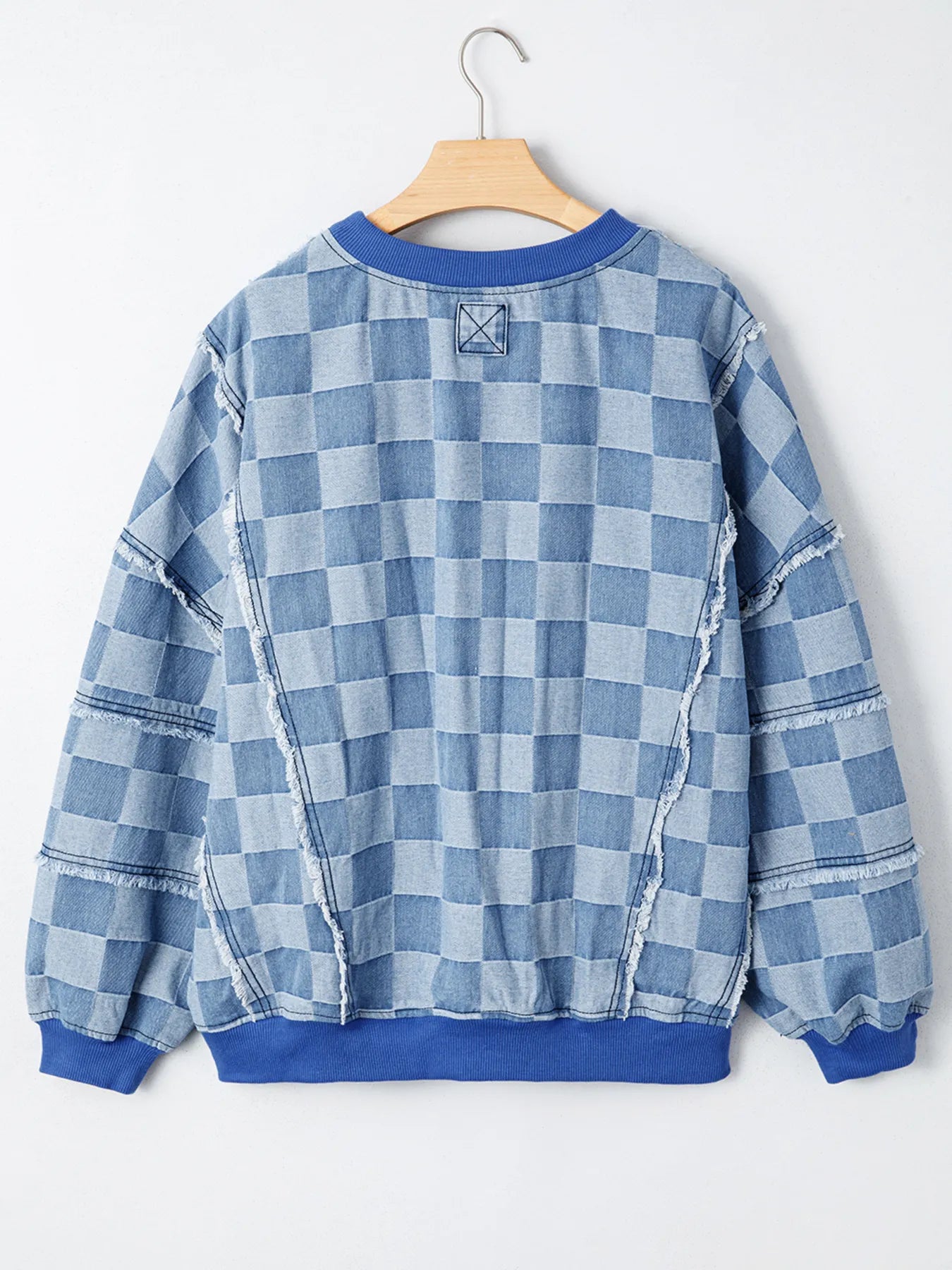 Checkerboard Splicing Raw Detail Oversized Denim Top | Tops Daverri Fashions