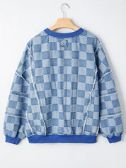 Checkerboard Splicing Raw Detail Oversized Denim Top | Tops Daverri Fashions