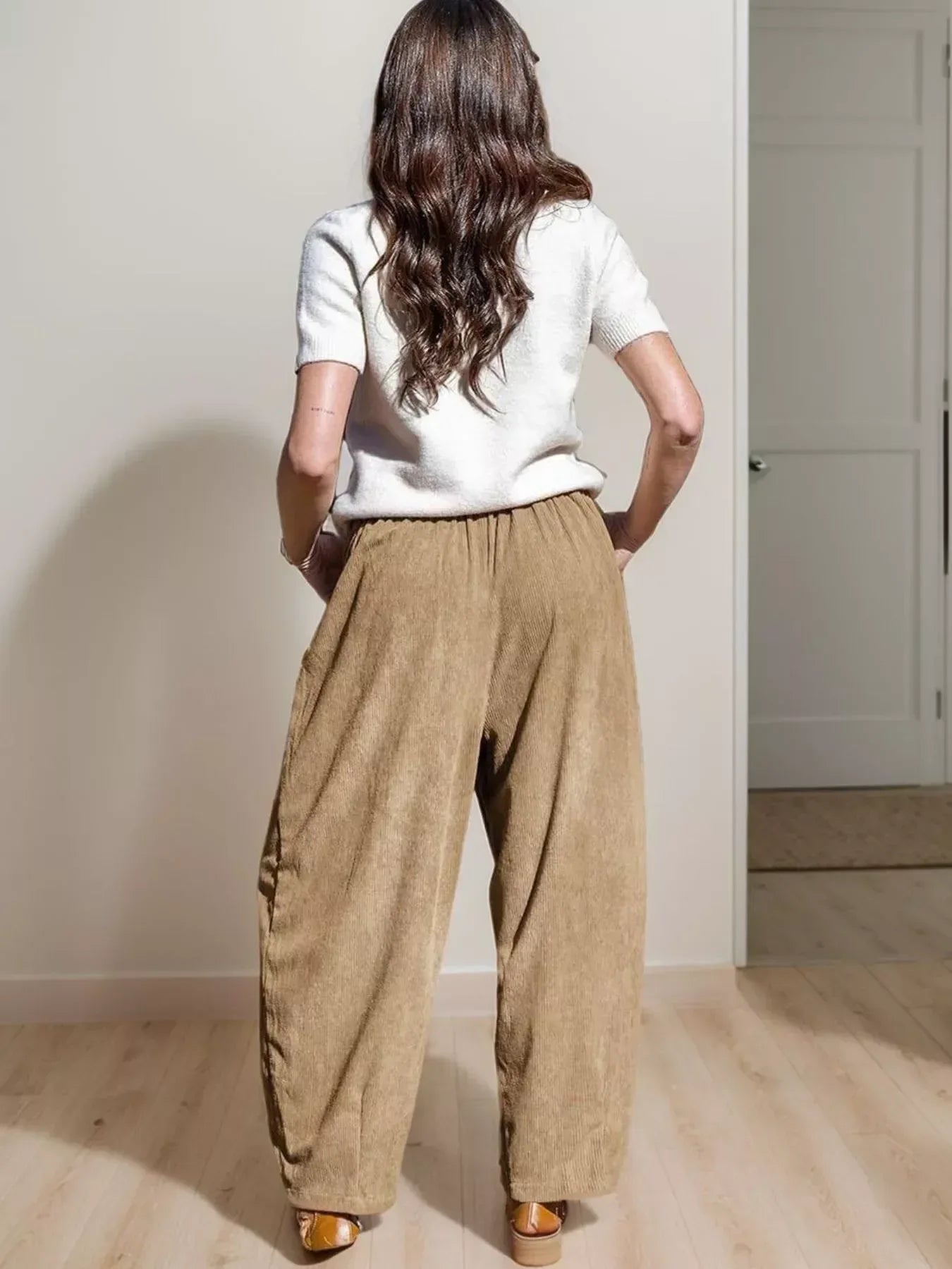 Daverri Fashions Casual Corduroy Wide Leg Pants with Pockets - DAVERRI FASHIONS