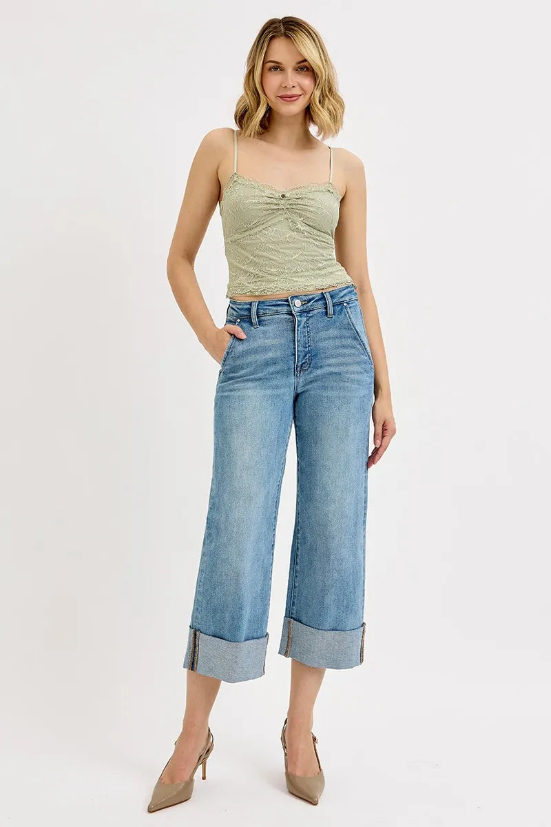 RISEN Full Size Tummy Control High Rise Ankle Wide Cuffed Jeans Jeans