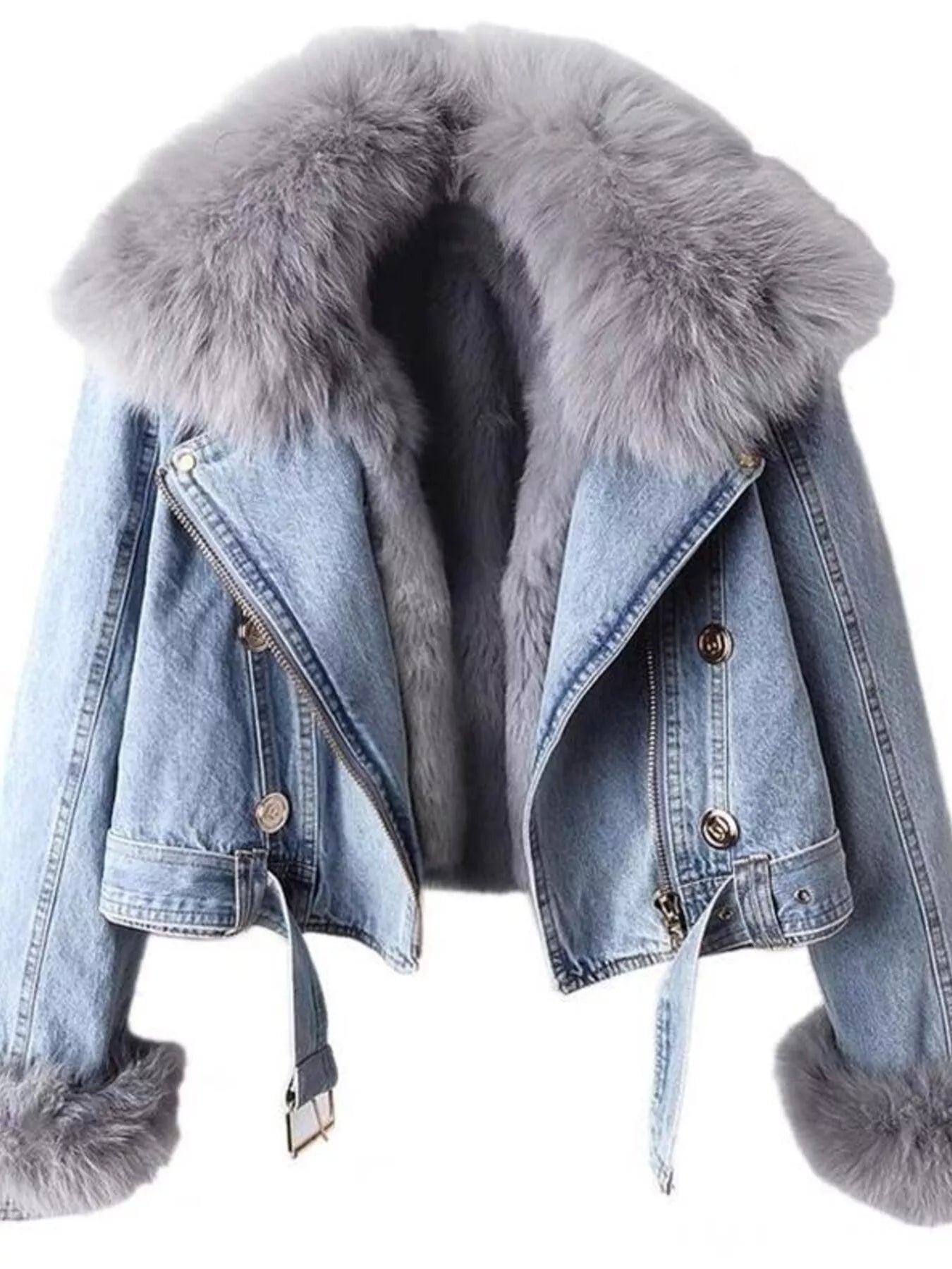 Full Size Faux Fur Collar Denim Jacket Plus Size | Jackets Daverri Fashions