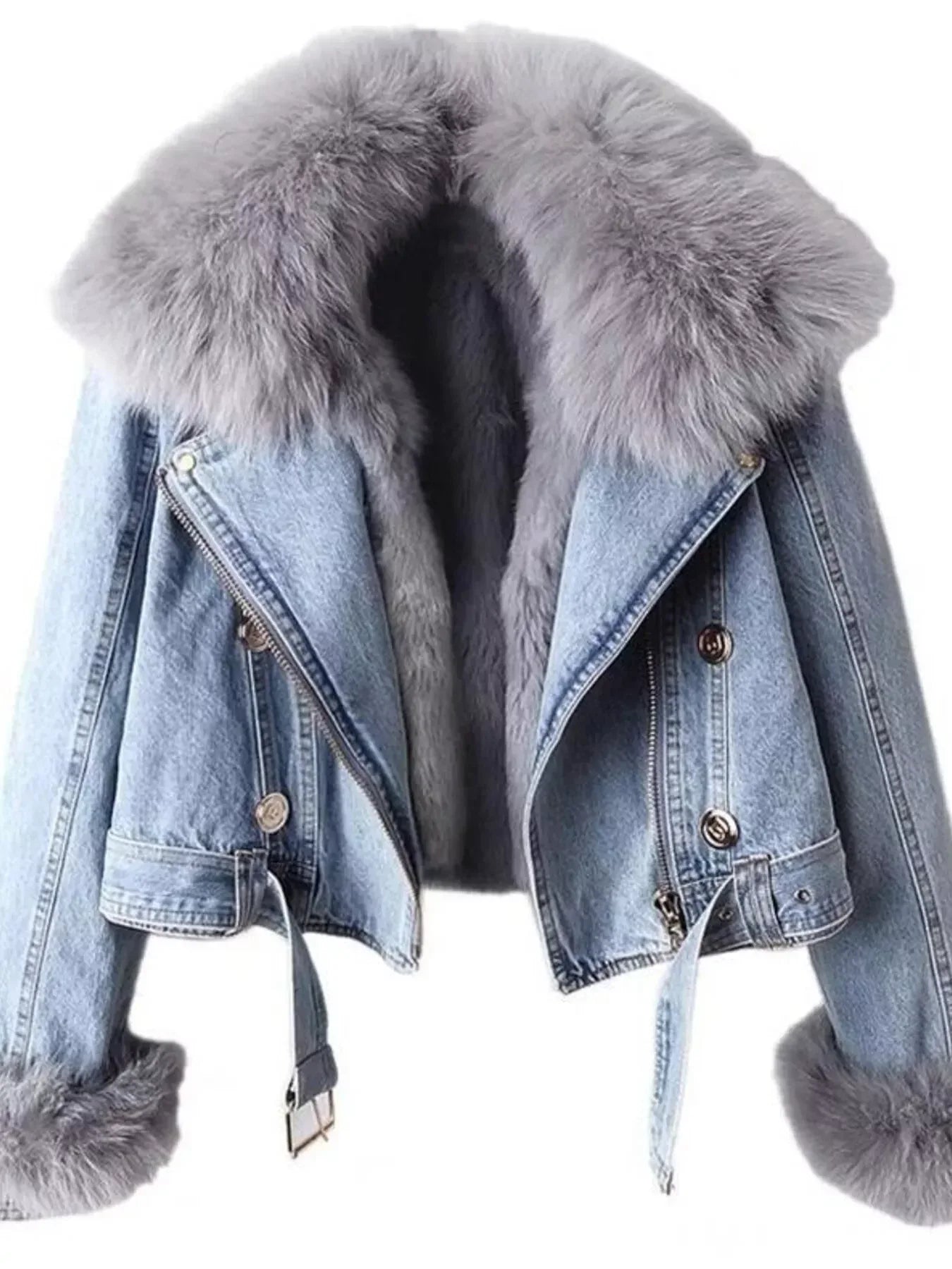 Full Size Faux Fur Collar Denim Jacket Plus Size - DAVERRI FASHIONS