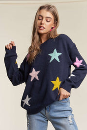 ADORA Stars Pattern Round Neck Drop Shoulder Sweater Dark Navy Sweaters