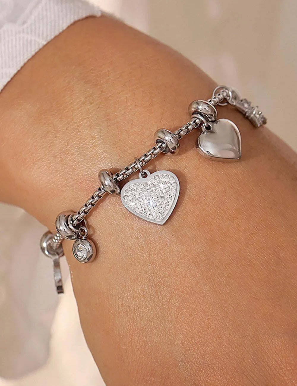 Silver One Size Titanium Steel Inland Zircon Heart Charm Bracelet | Bracelets Daverri Fashions