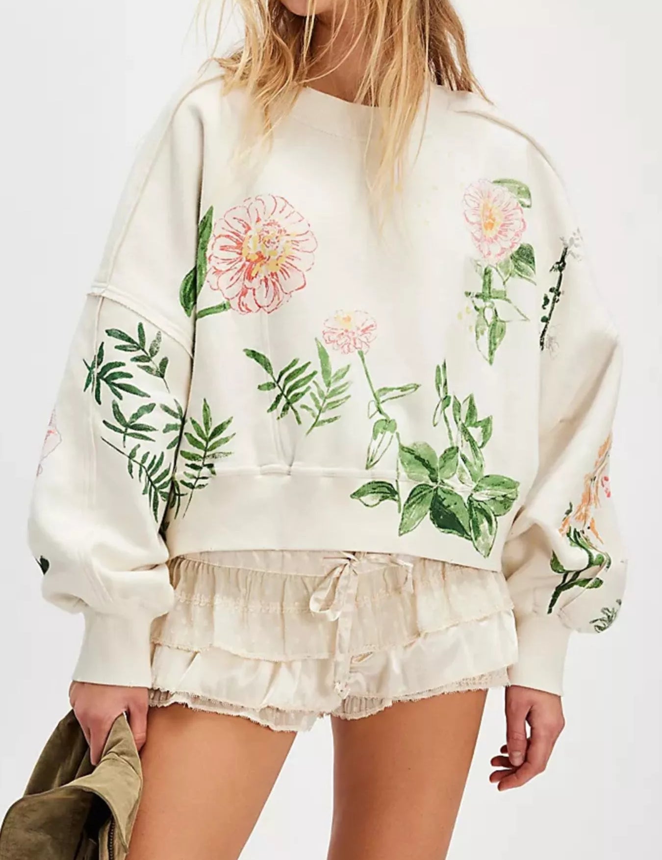 White Printed Round Neck Dropped Shoulder Sweatshirt | Sweatshirts Daverri Fashions