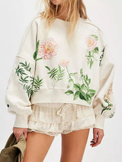 White Printed Round Neck Dropped Shoulder Sweatshirt | Sweatshirts Daverri Fashions
