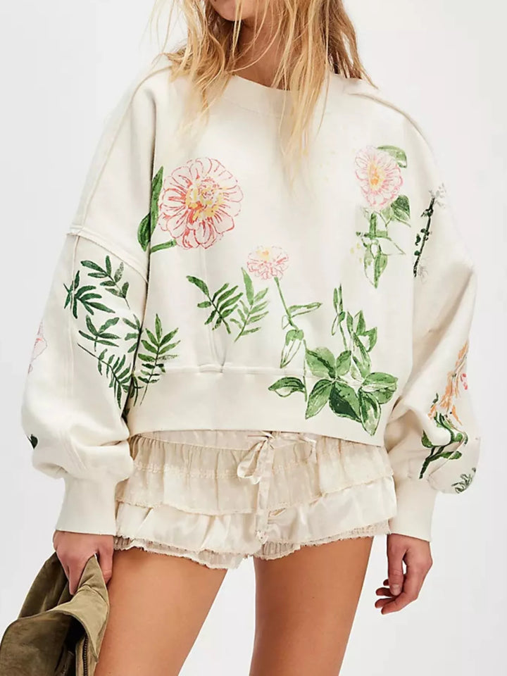 White Printed Round Neck Dropped Shoulder Sweatshirt | Sweatshirts Daverri Fashions