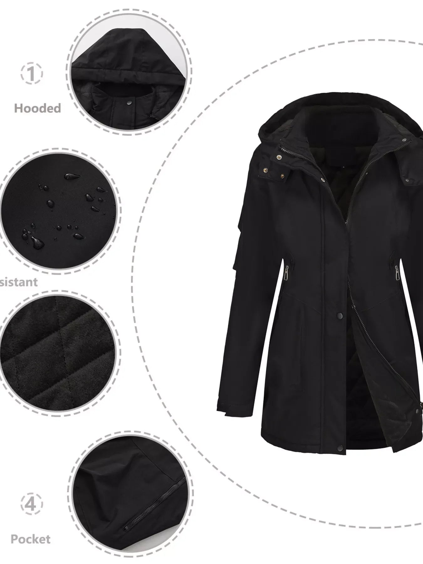 Daverri Fashions black hooded waterproof mid-length windproof coat