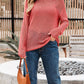 Coral crochet hollow out long sleeve knit top with openwork texture