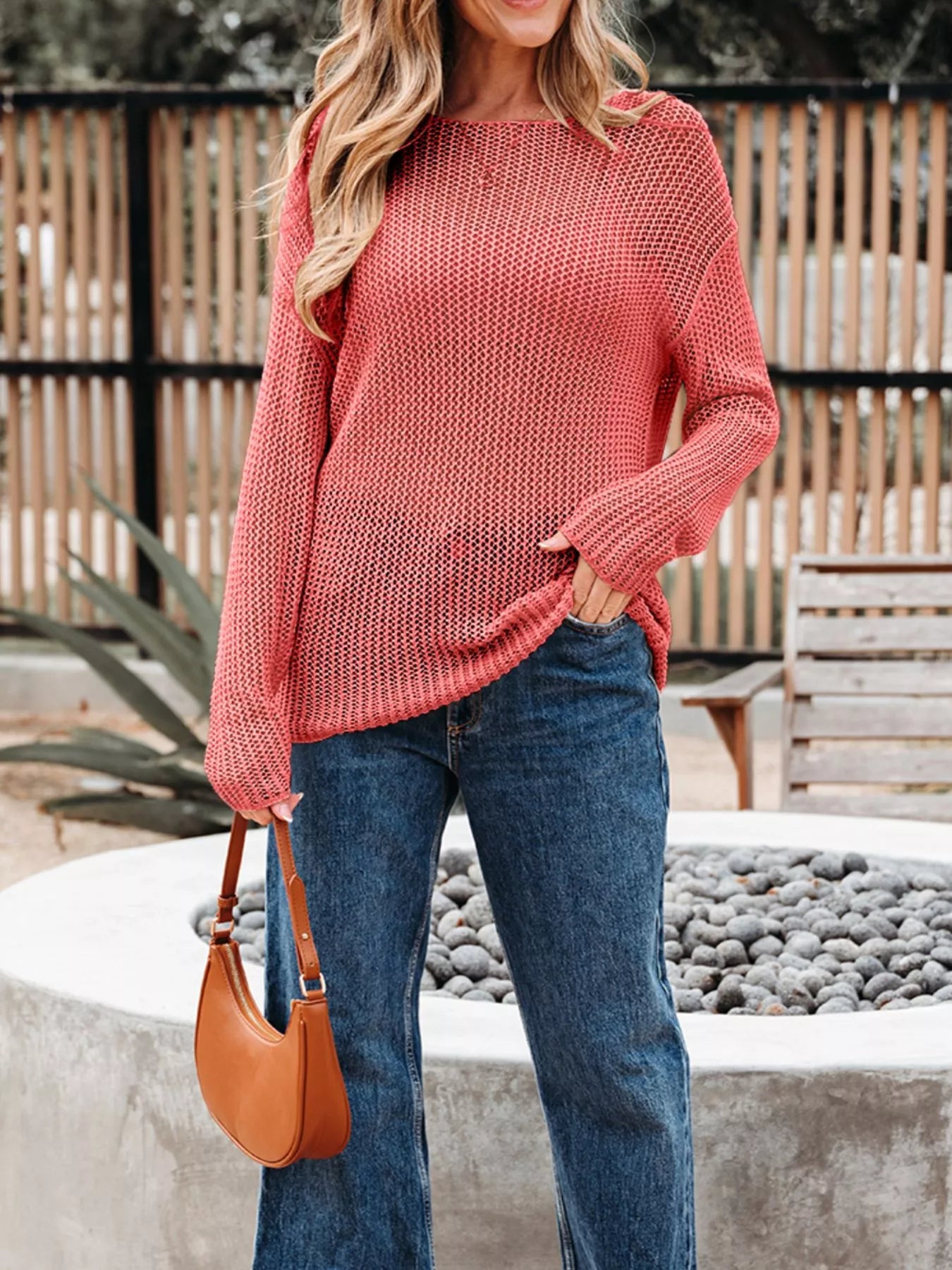 Coral crochet hollow out long sleeve knit top with openwork texture