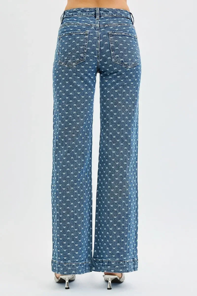 RISEN High Rise Wide Leg Bow Embroidered Jeans - DAVERRI FASHIONS