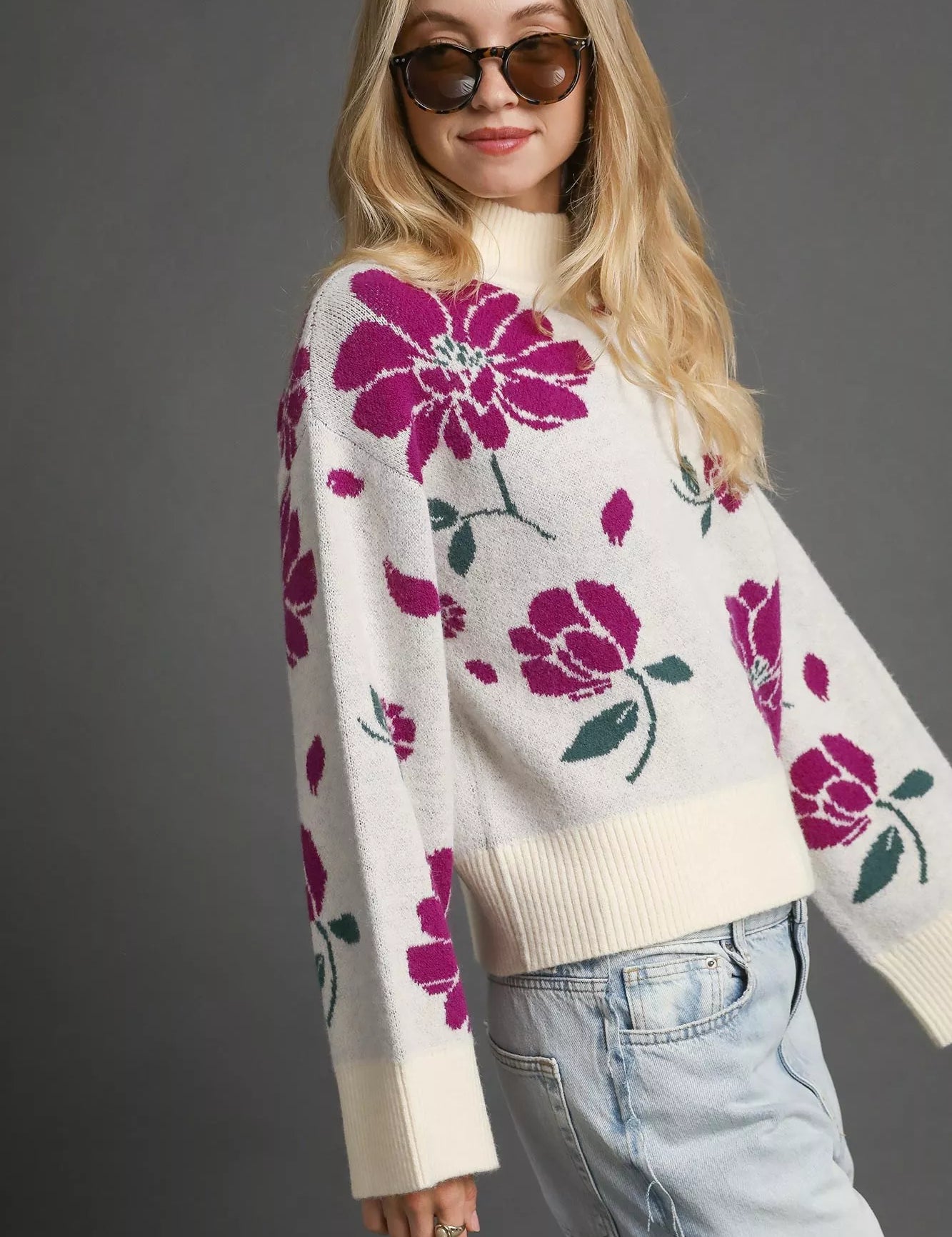 Umgee Floral Patterned Mock Neck Sweater | Sweaters Daverri Fashions