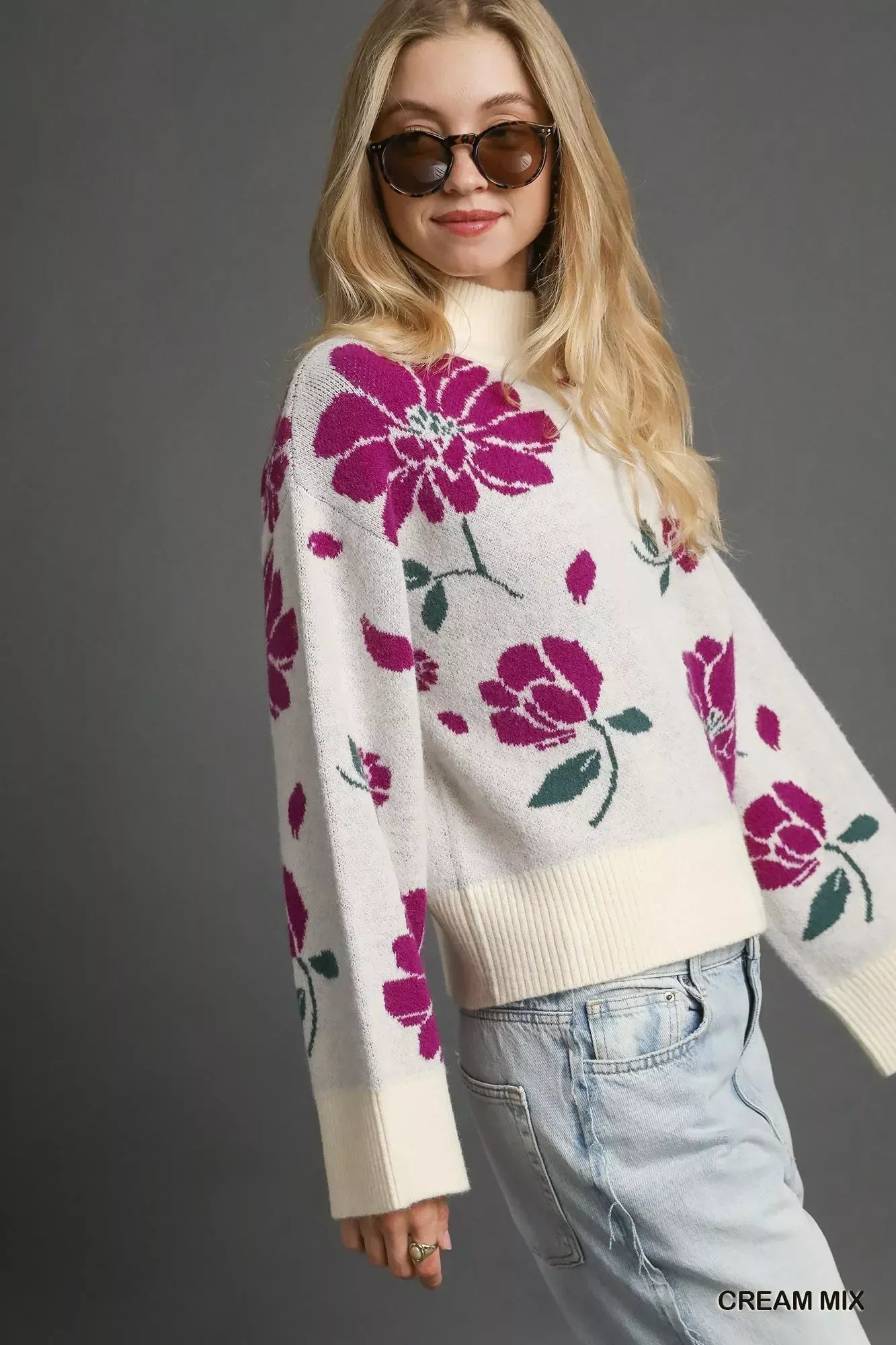 Umgee Floral Patterned Mock Neck Sweater - DAVERRI FASHIONS
