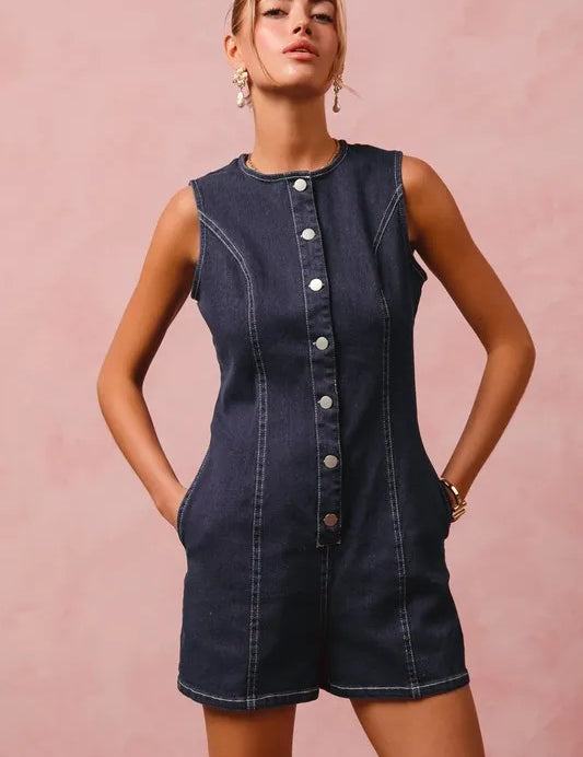 DENIM SO ME Button Up Front Washed Denim Sleeveless Romper | Rompers Daverri Fashions