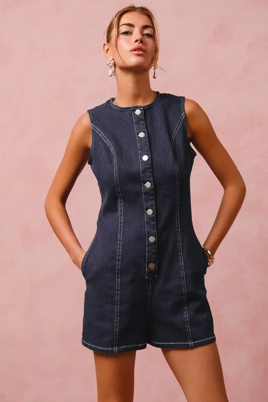 SO ME Button Up Front Washed Denim Sleeveless Romper DENIM Rompers