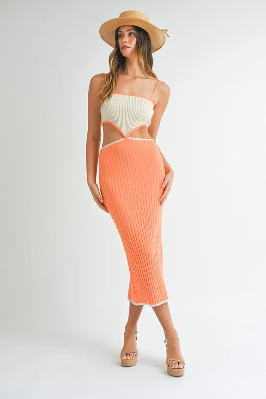 MABLE Ribbed Knit Color Block Cutout Midi Dress
