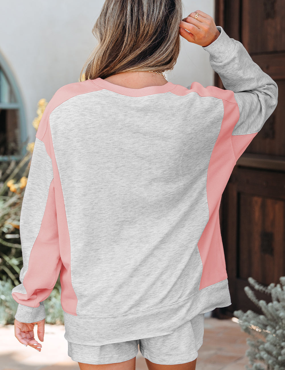 Light Grey Color Block Raw Hem Pullover and Casual Shorts Set | Outfit Sets Daverri Fashions