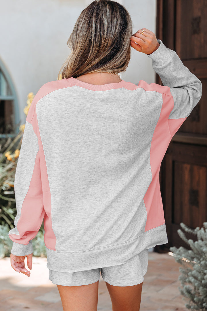 Light Grey Color Block Raw Hem Pullover and Casual Shorts Set | Outfit Sets Daverri Fashions