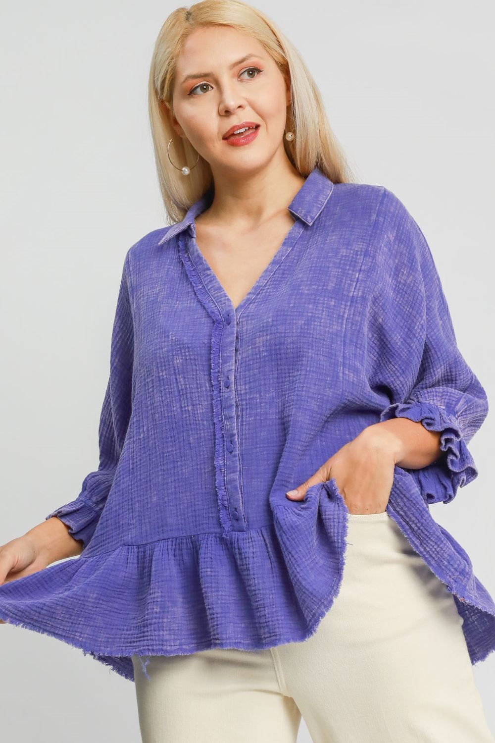 Umgee Plus Size Size Mineral Washed Cotton Gauze Top Electric Purple Tops