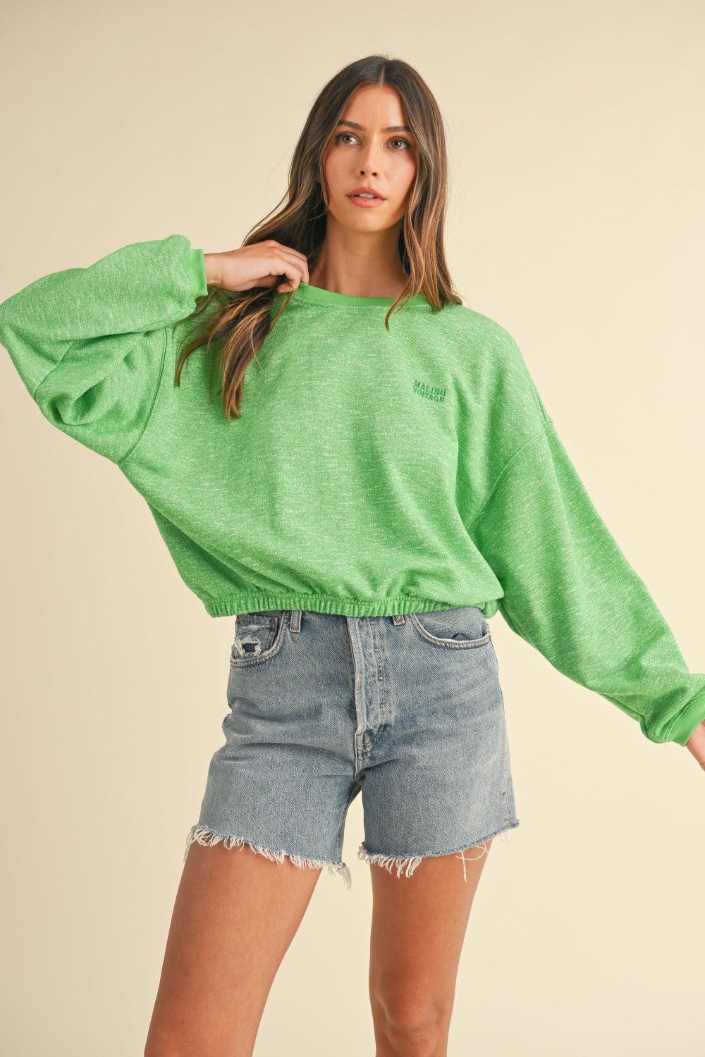 Mable Round Neck Letter Embroidery Crop Sweatshirt - DAVERRI FASHIONS