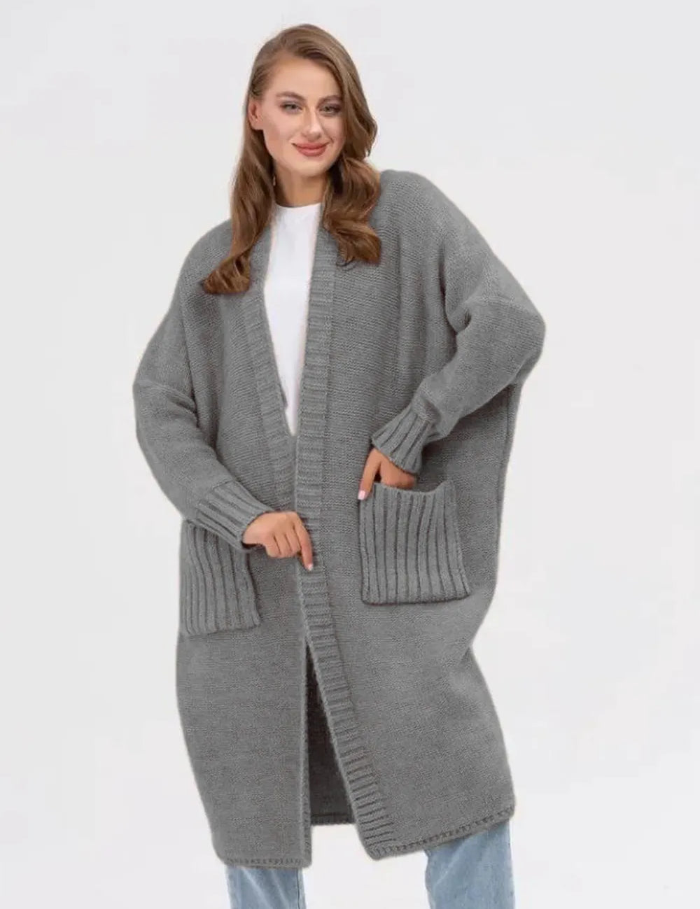 Gray One Size Pocketed Open Front Long Sleeve Longline Cardigan | Cardigans Daverri Fashions