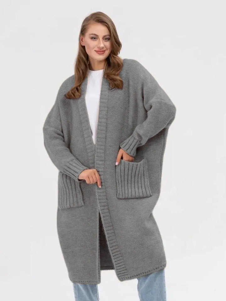 Gray One Size Pocketed Open Front Long Sleeve Longline Cardigan | Cardigans Daverri Fashions