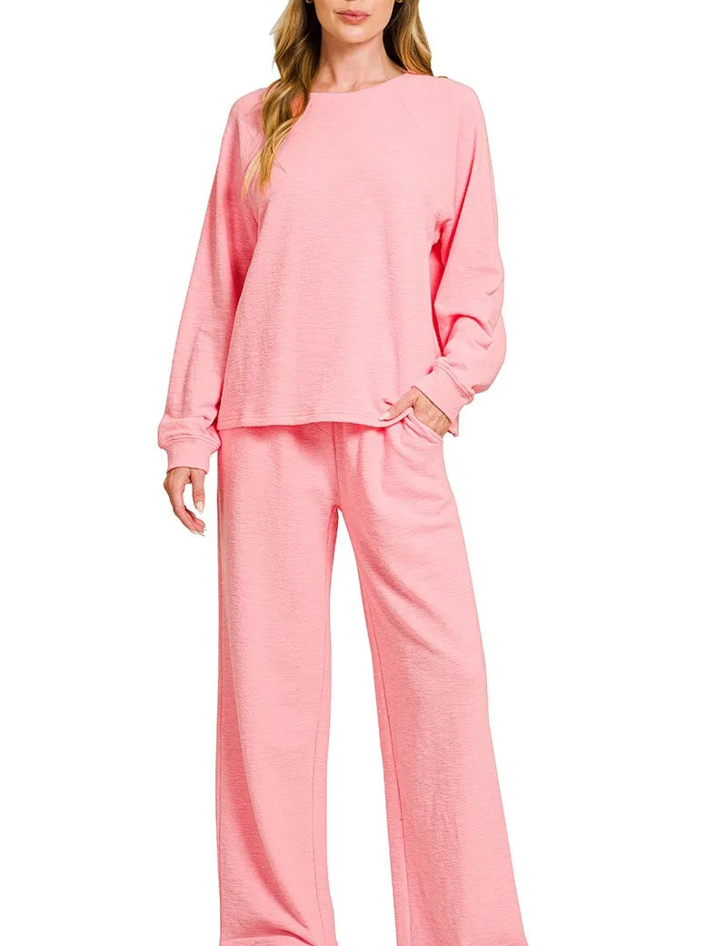 DK PINK Zenana Slub Long Sleeve Top and Pants Lounge Set Pink | Loungewear Sets Daverri Fashions