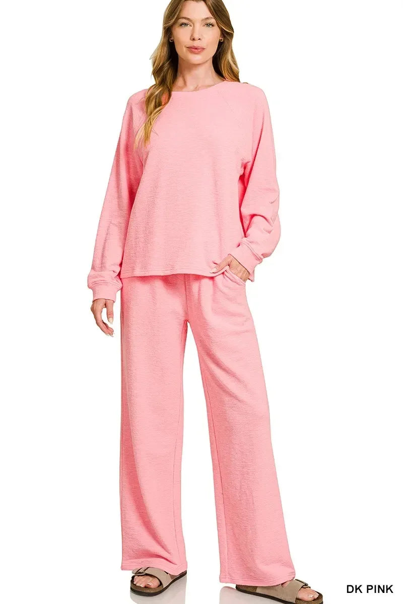 Zenana Slub Long Sleeve Top and Pants Lounge Set Pink - DAVERRI FASHIONS