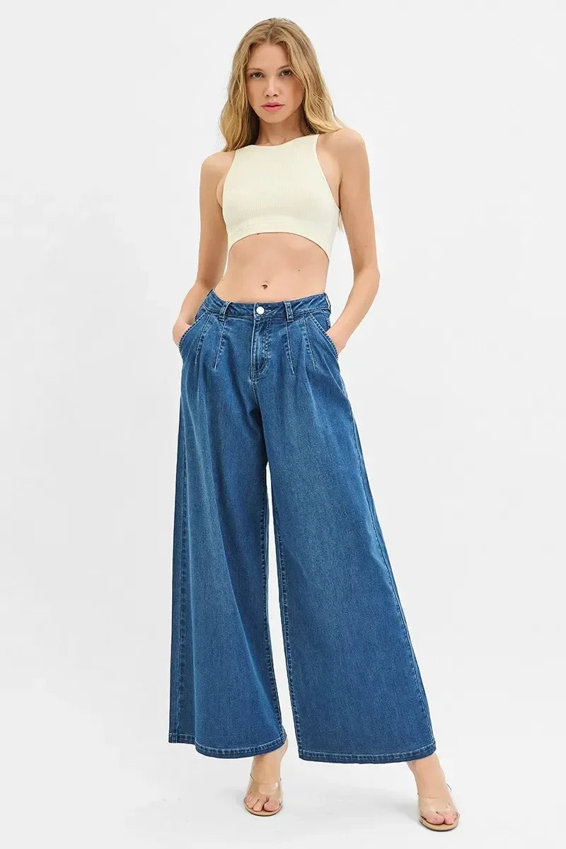 RISEN Mid Rise Fit Wide Leg Knit Denim Look Jeans - DAVERRI FASHIONS