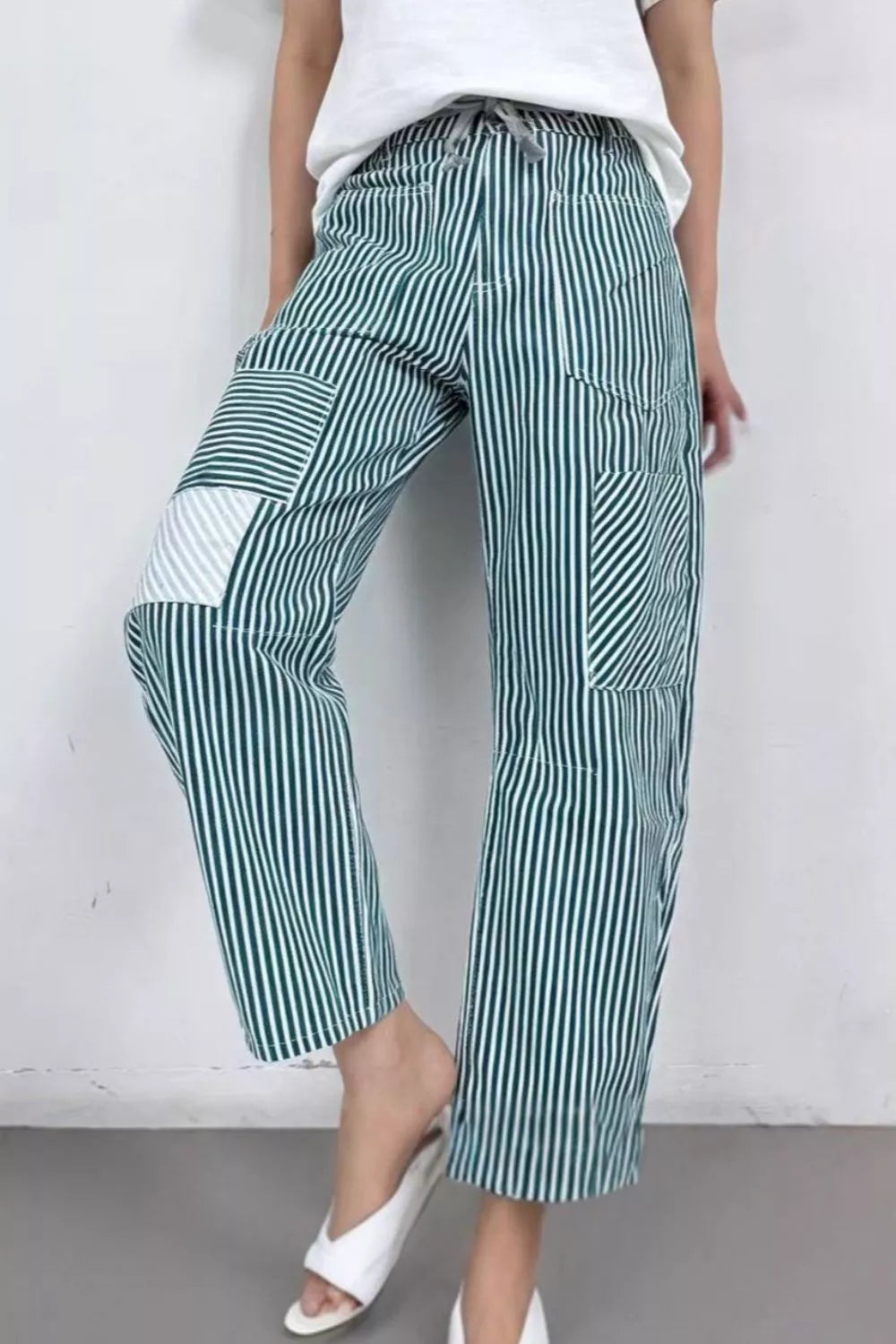 Daverri Striped Wide-Leg Pants in teal and white vertical stripes